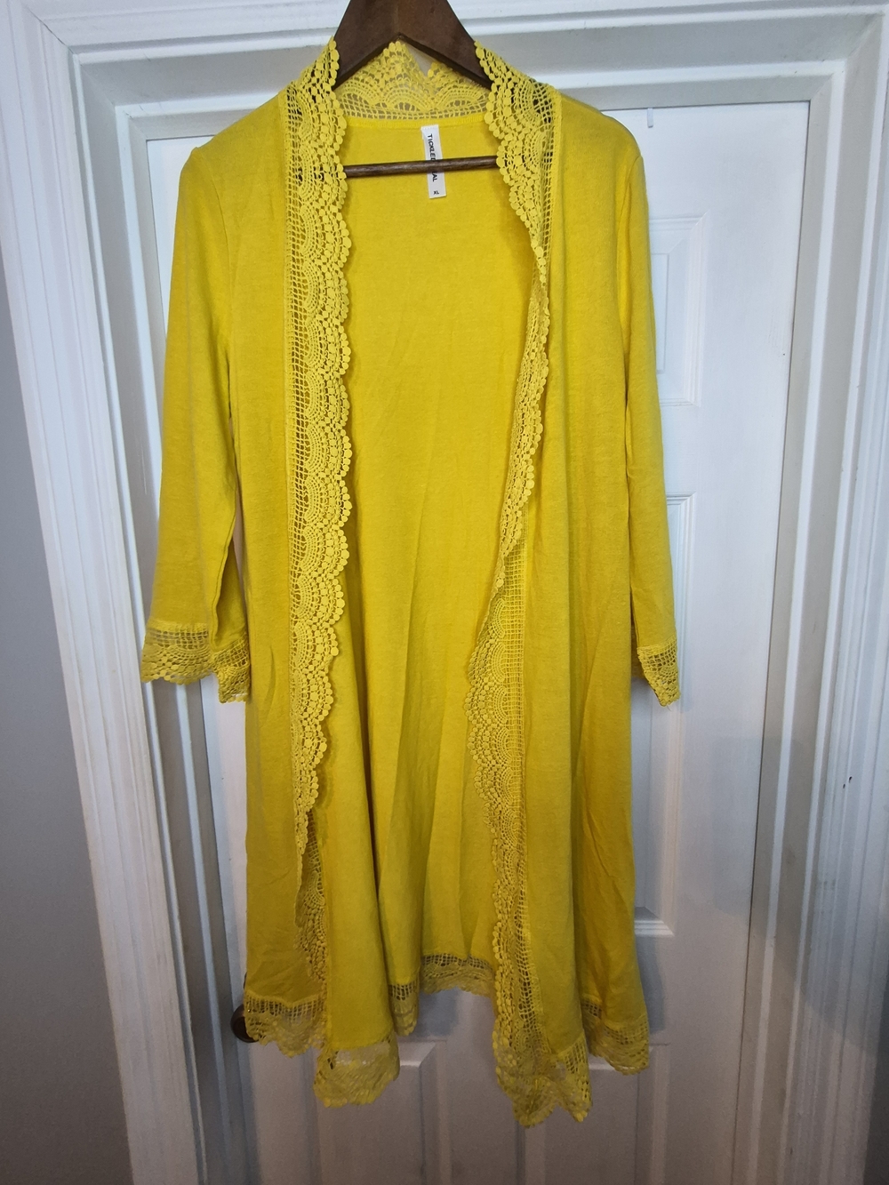Tickled Teal Bright Yellow Crochet-Trim Open Cardigan Xl